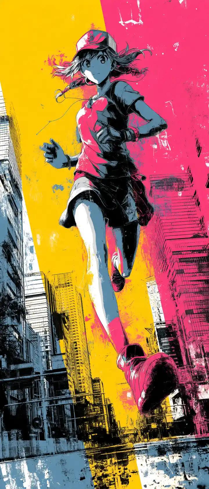 Anime runner sprinting through a city with life story afterimages
