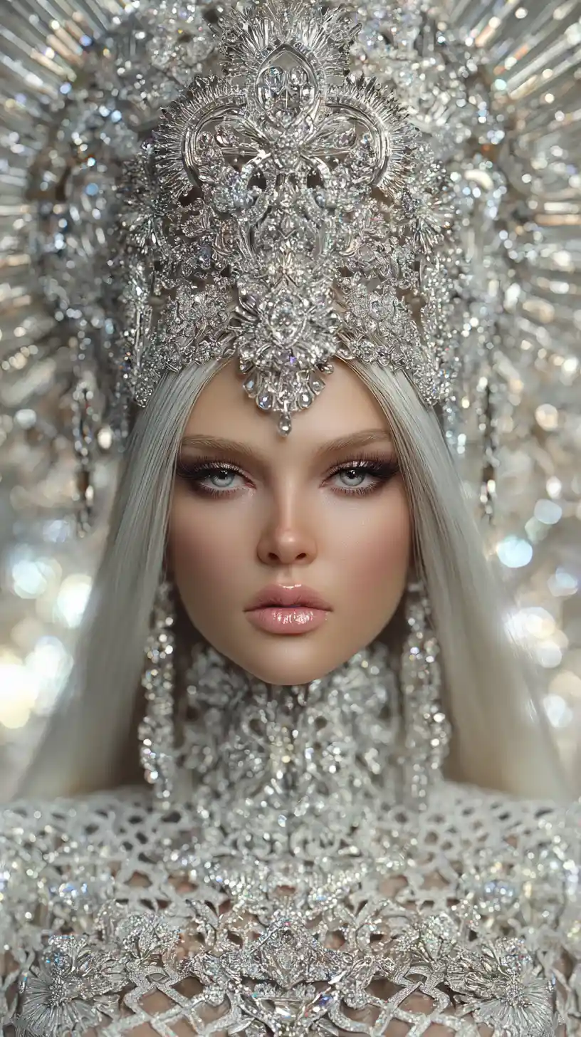 Ethereal ice queen in jeweled crown and silver gown