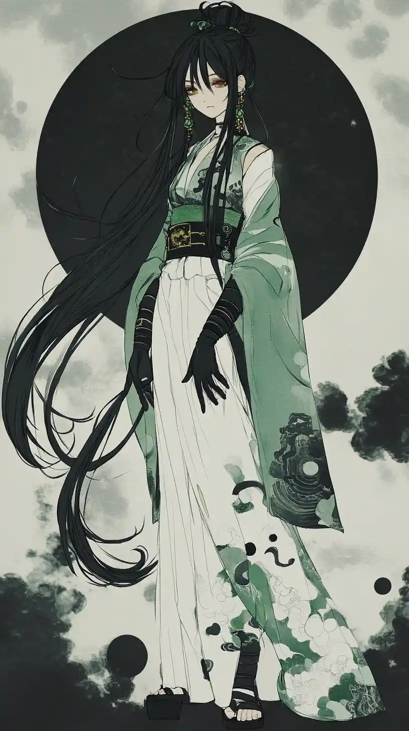 Anime girl with long black hair and fantasy patterned outfit
