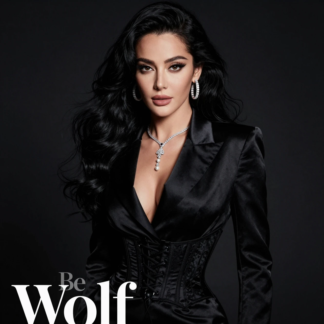 Confident woman in black satin corset dress portrait