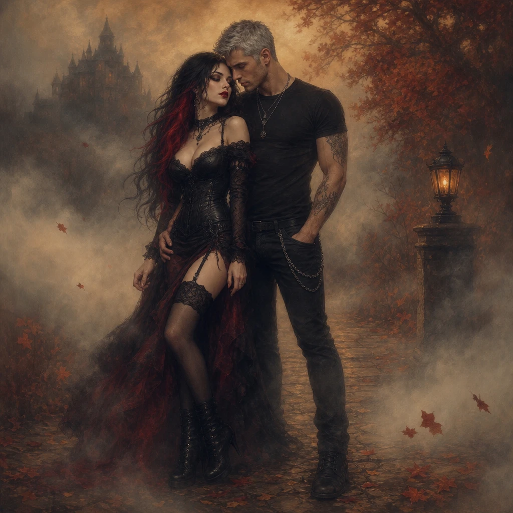 Gothic woman in thick fog with warm autumn tones