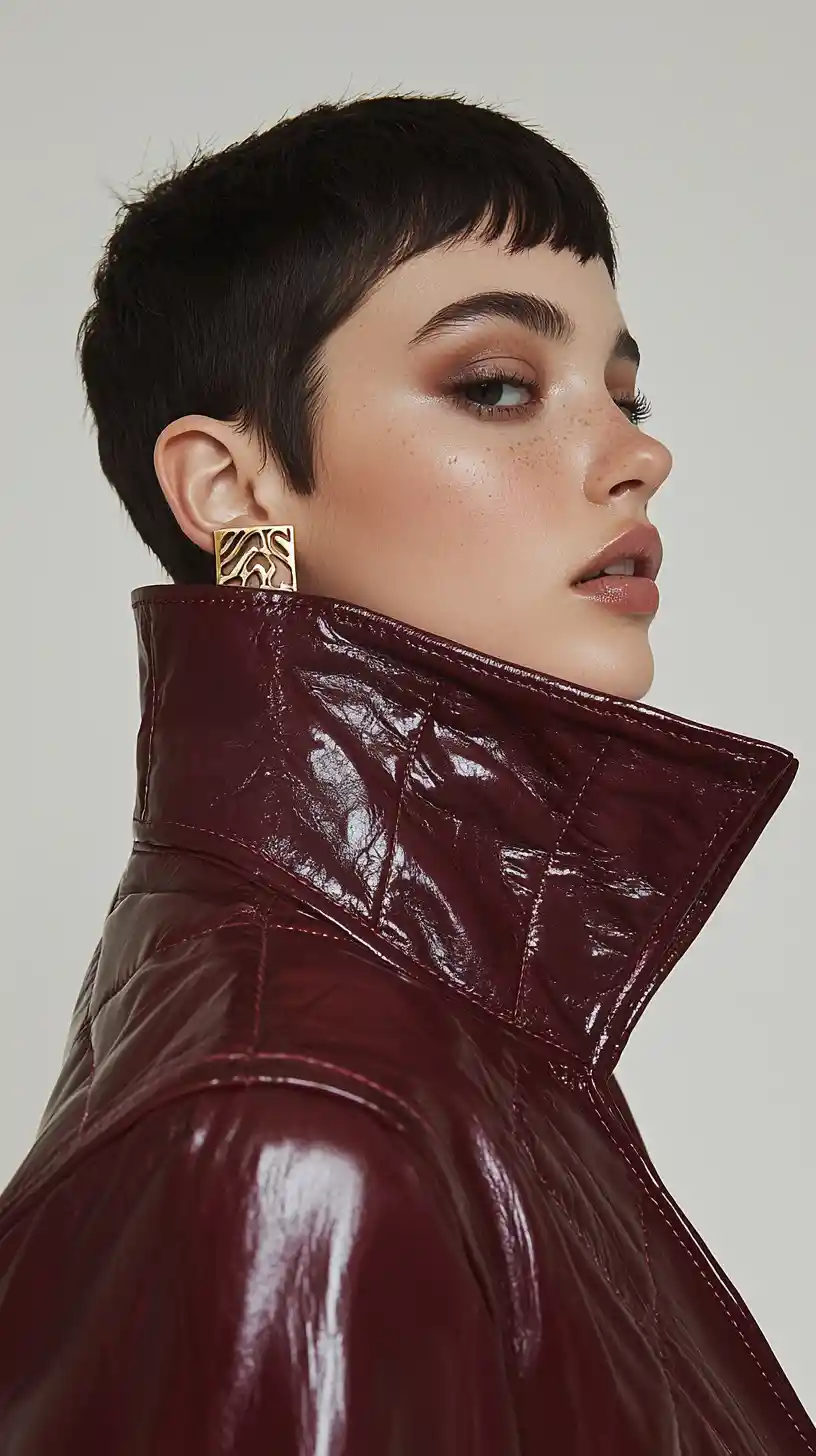 Close up woman in maroon leather jacket seen from behind
