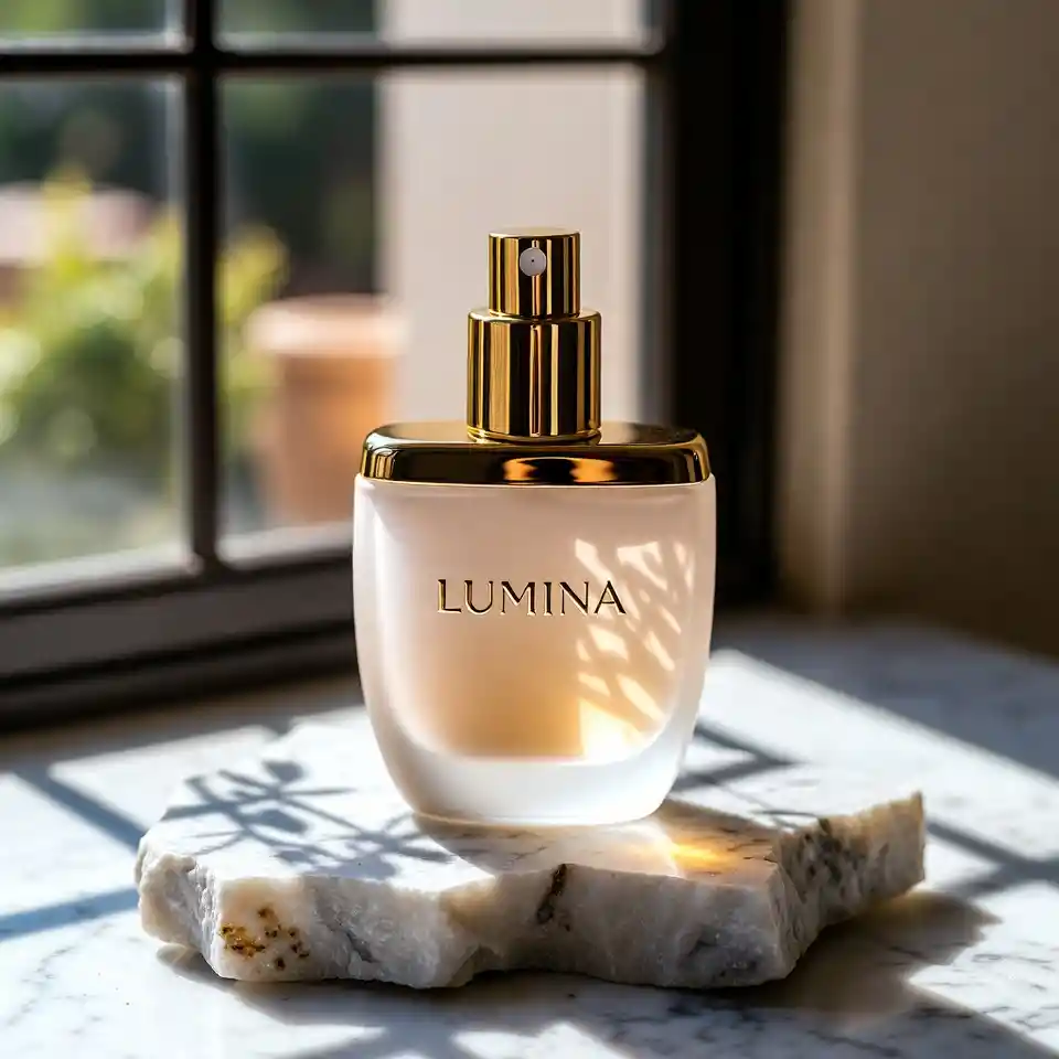 Boccetta skincare satinata su marmo grezzo alla luce soffusa del sole