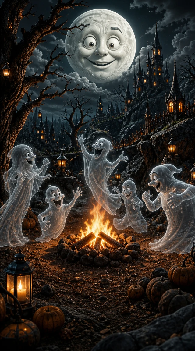 Dancing ghosts around a campfire in a fantasy landscape