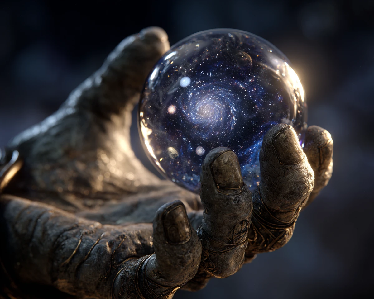 Mano di dio di pietra che culla una galassia luminosa nel vetro
