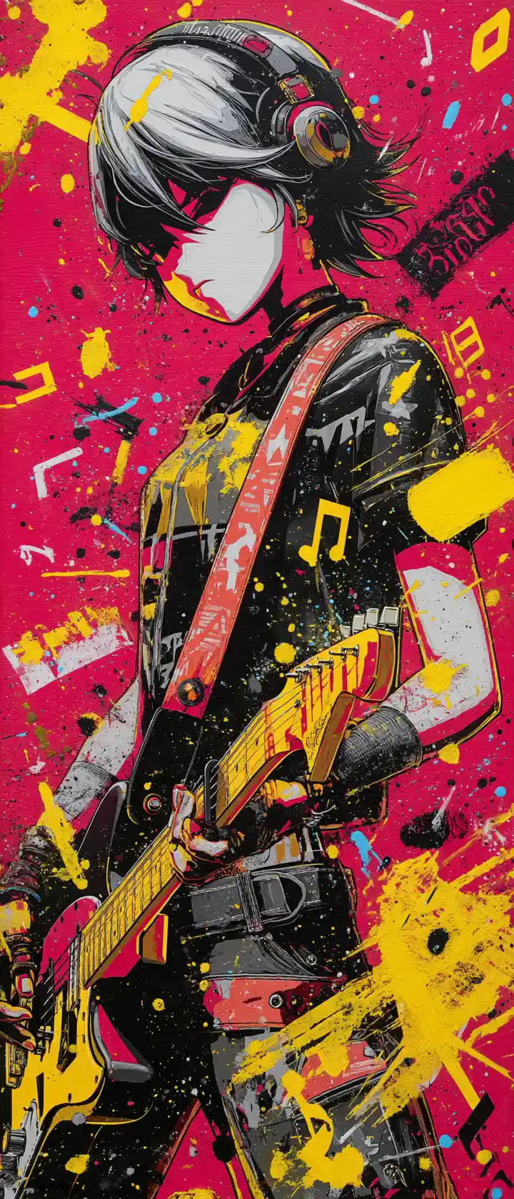 Anime guitarist unleashing explosive graffiti sound waves