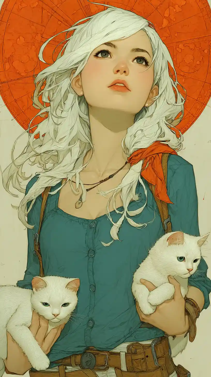 White haired girl holding two white cats in orange glow