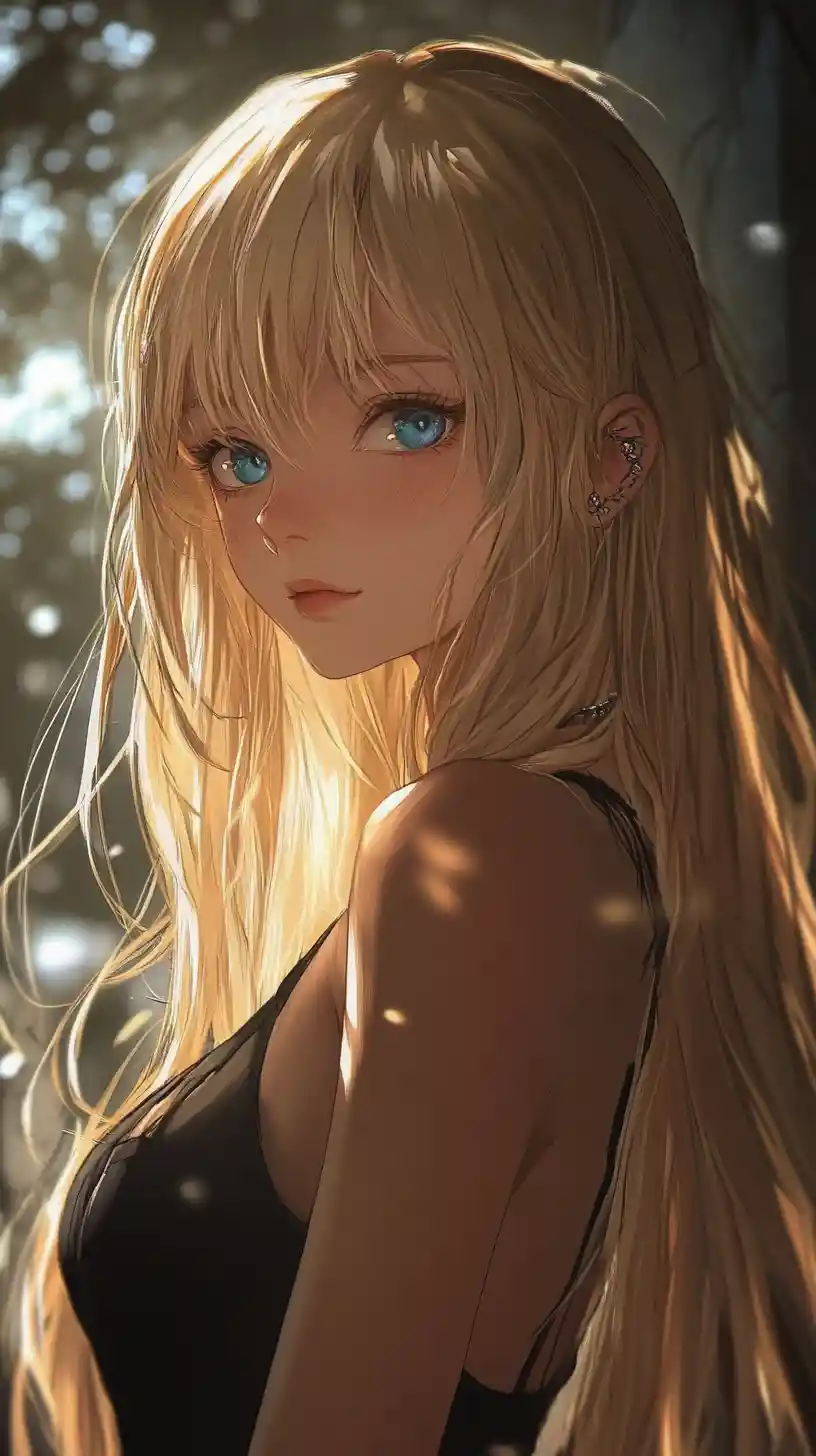 Blonde anime girl holding a red apple in shadowy forest