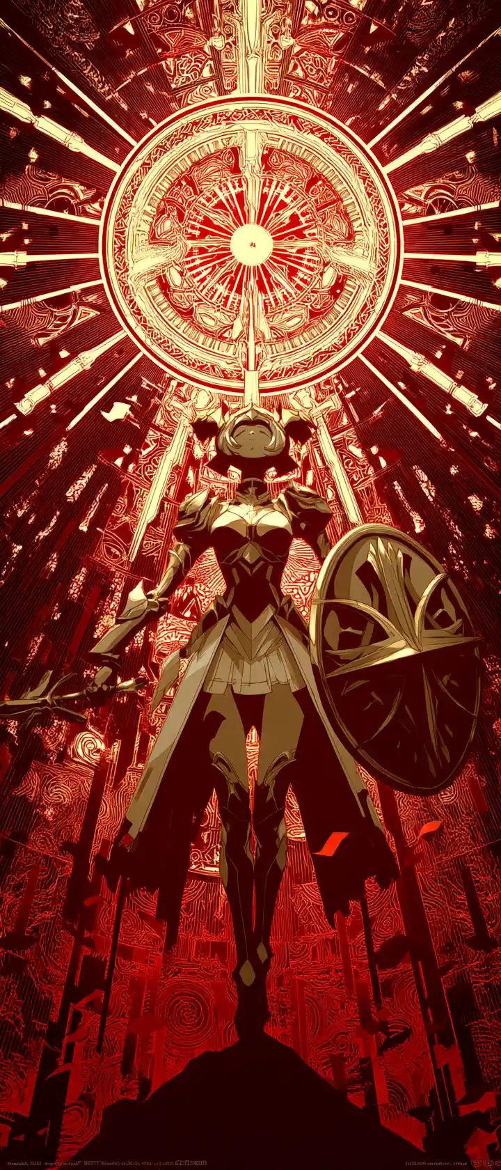 Anime guardian raising a glowing layered symbol shield