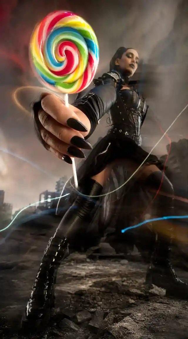 Confident female warrior with lollipop in dramatic low angle