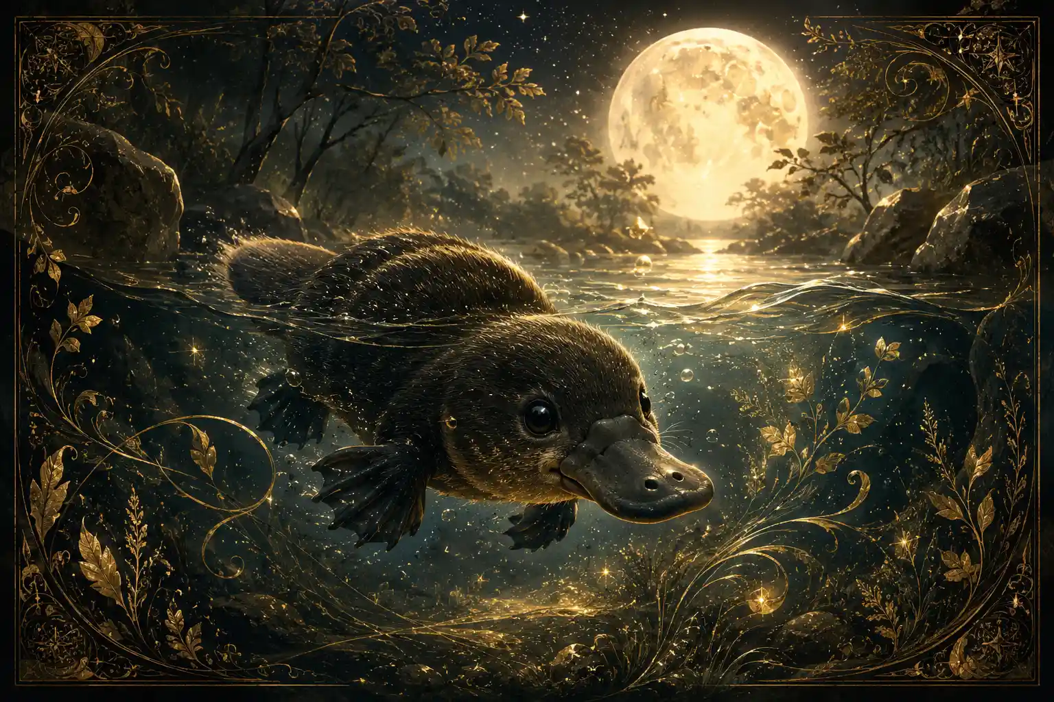 Baby platypus silhouette swimming in a moonlit river