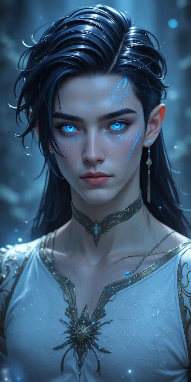 Elegant blue eyed fantasy man with glowing antlers