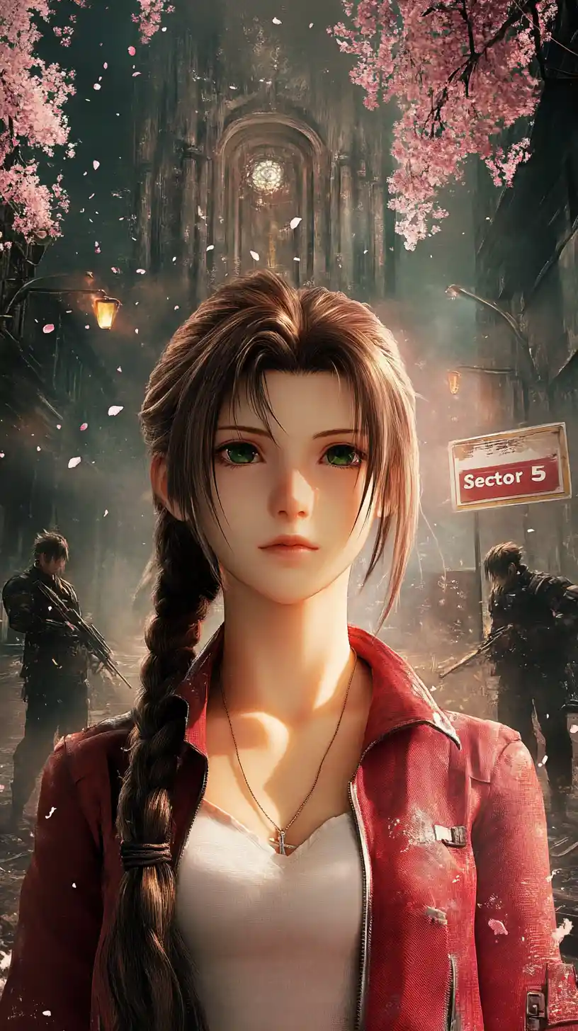 Anime woman bathed in glowing light amid industrial city
