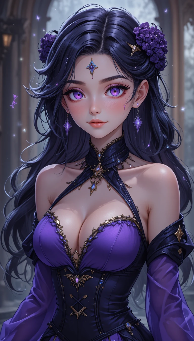 Giovane strega anime dagli occhi viola circondata da magia fluttuante