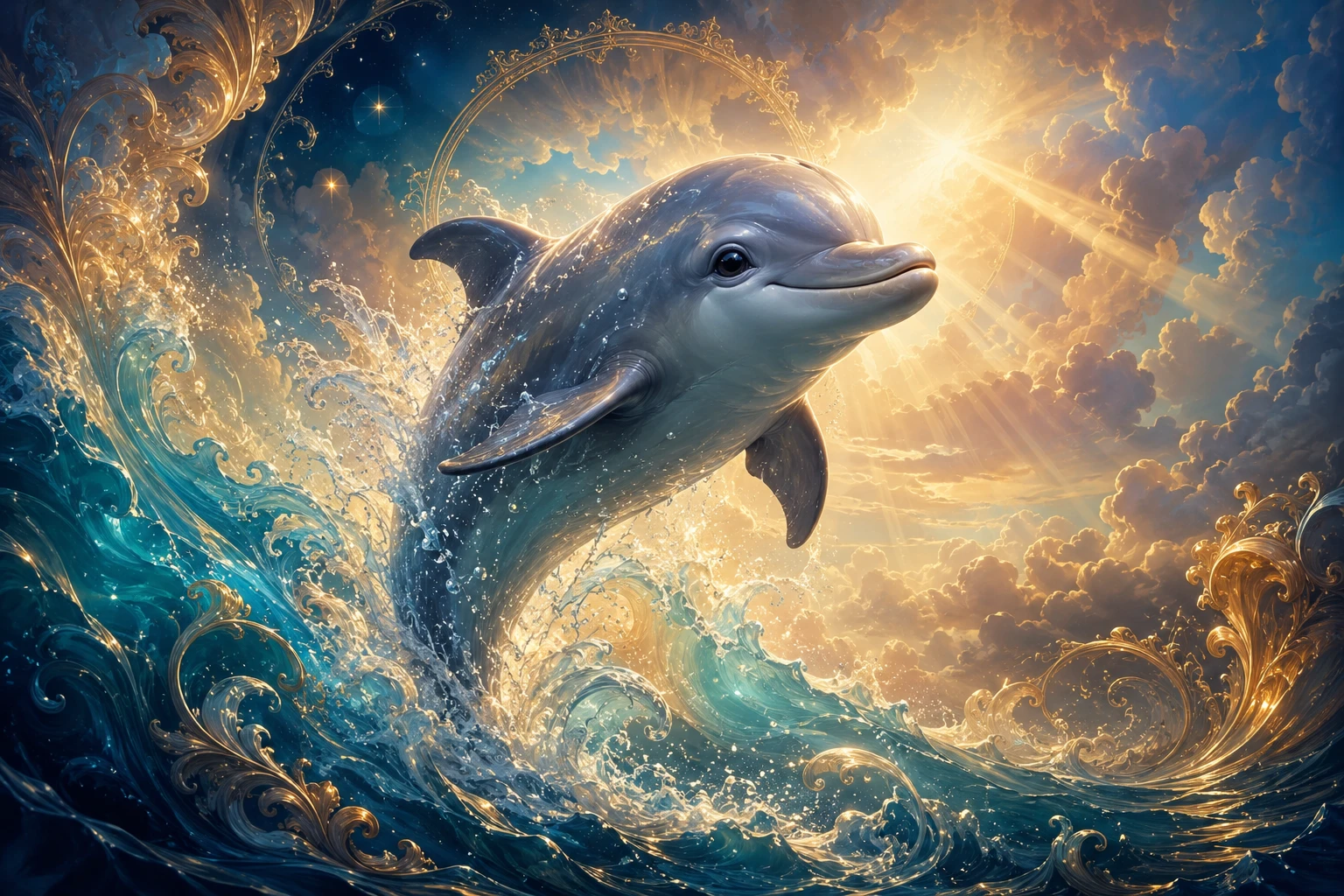 Joyful baby dolphin leaping through glowing baroque ocean waves