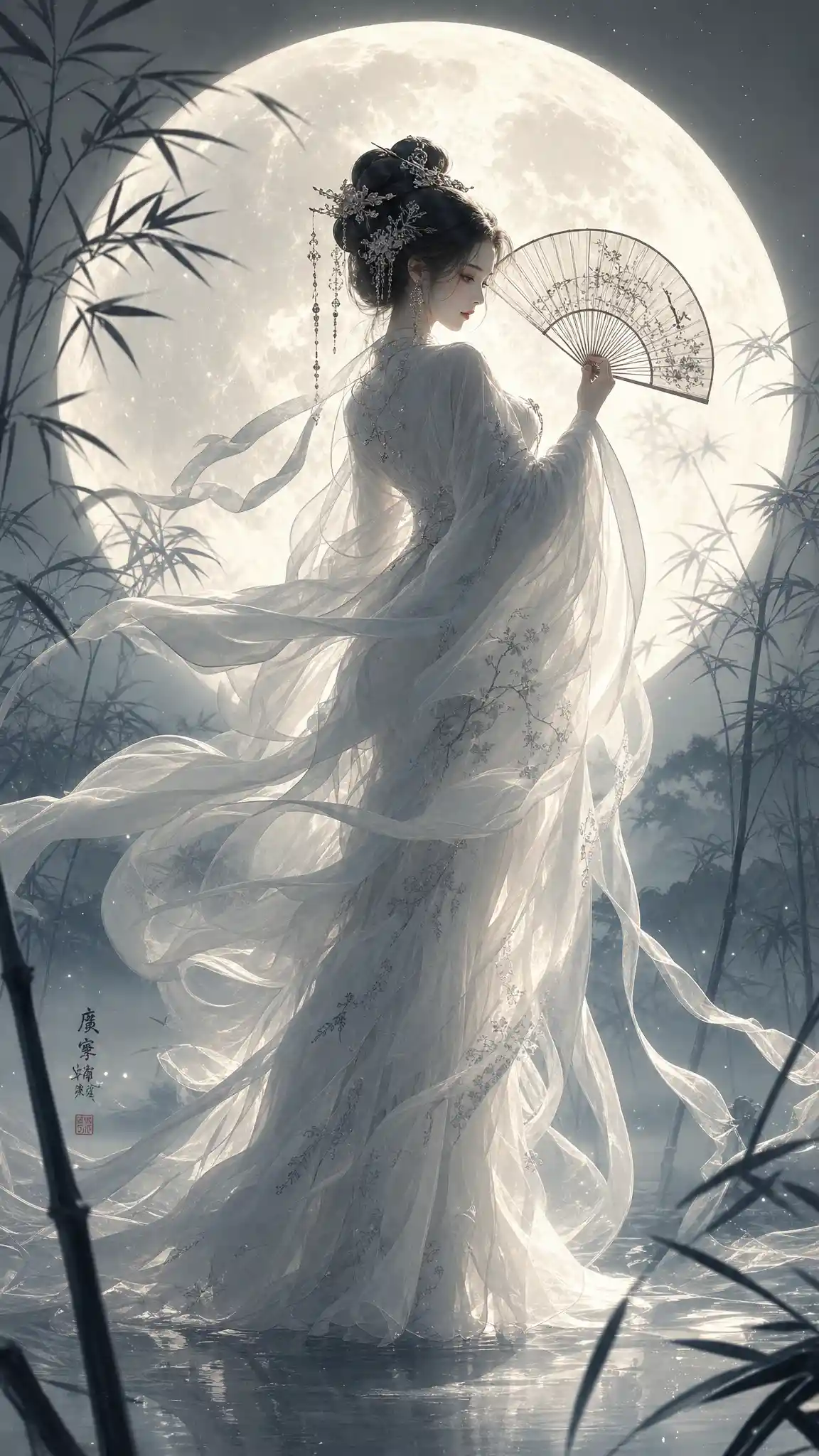 Ethereal woman with fan before a glowing full moon