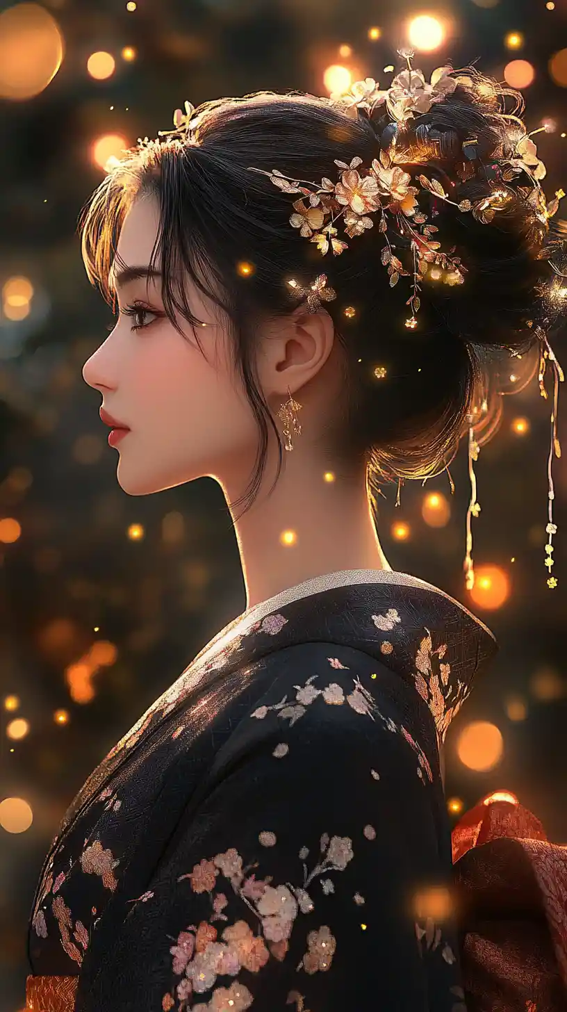 Anime girl in kimono among glowing forest fireflies