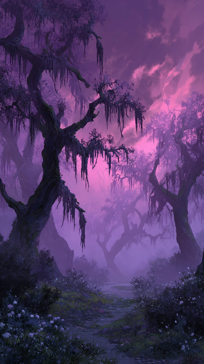 Mystical twilight forest with ancient trees and mist