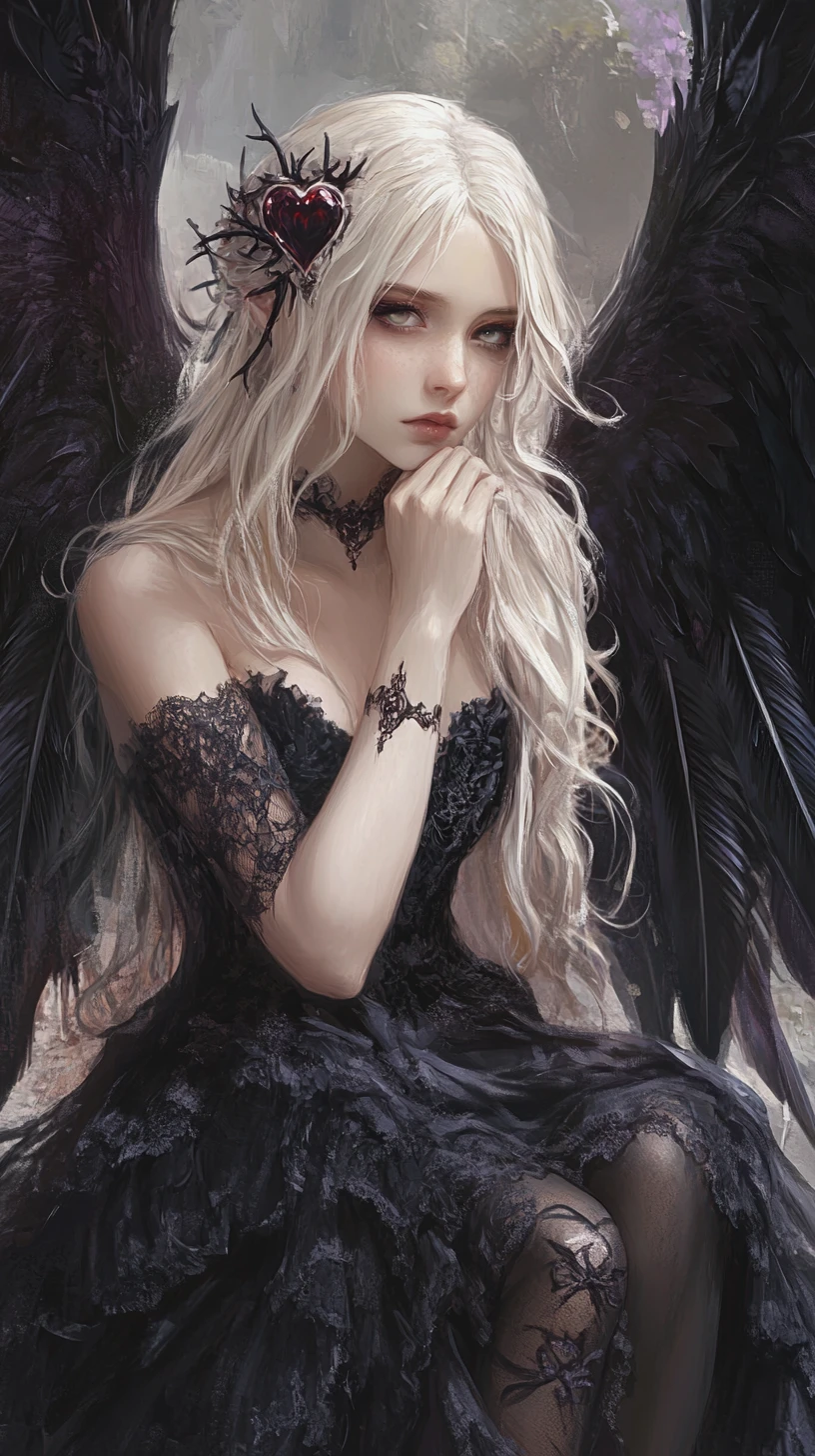 Melancholic winged girl in a dark gothic fantasy scene