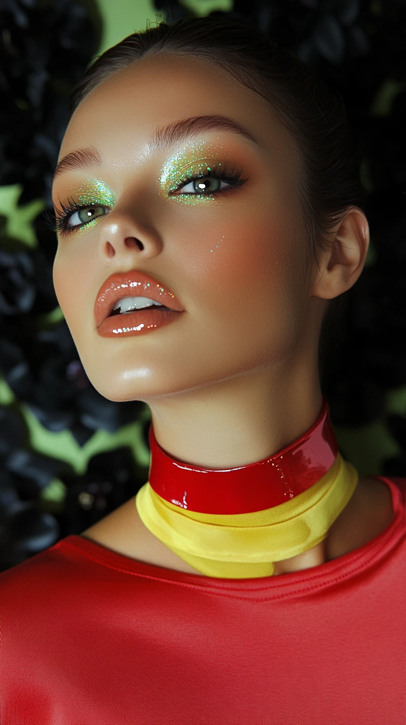 Woman in red with choker against dark floral wall