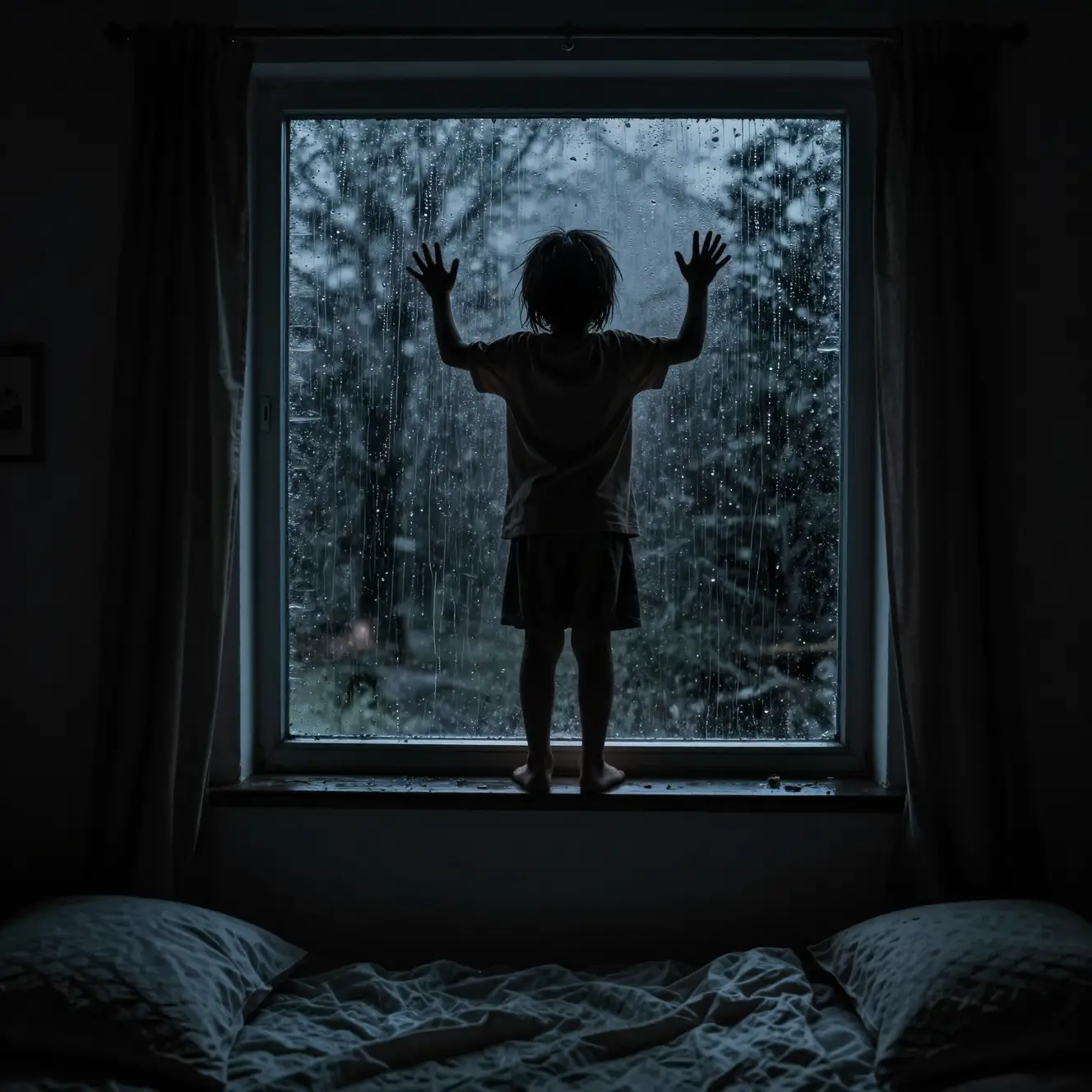 Childs bedroom window with ominous night silhouette outside