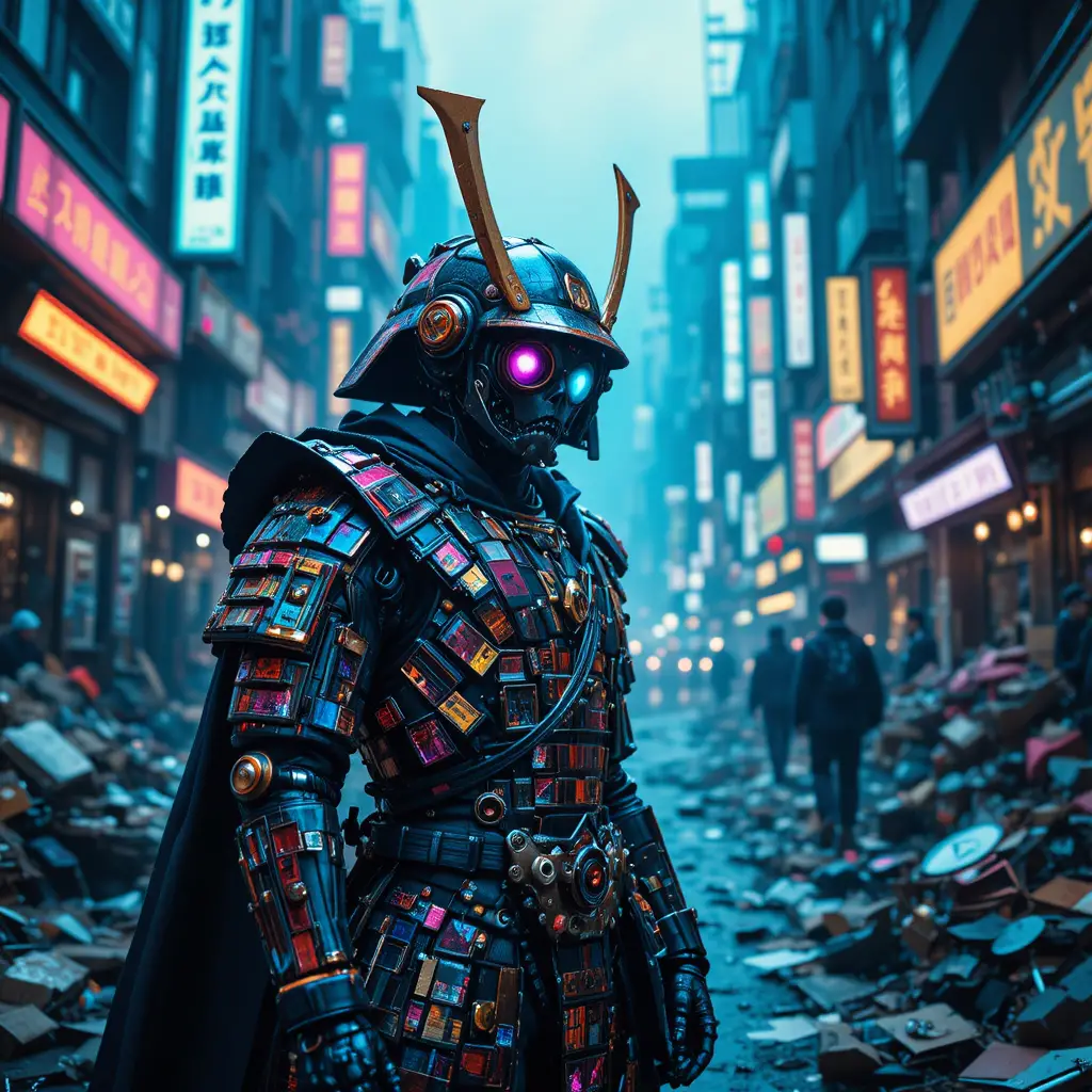 Samurai robô retrô de terno chamativo na cidade escura