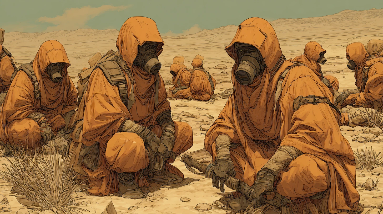 Desert monks in protective suits crossing a harsh sandy wasteland