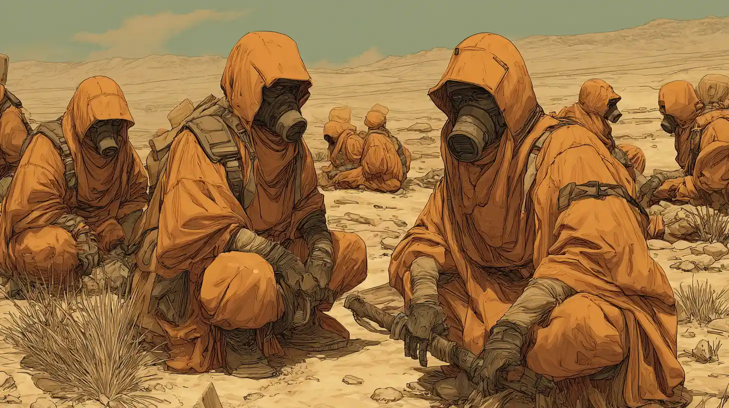 Desert monks in protective suits crossing a harsh sandy wasteland