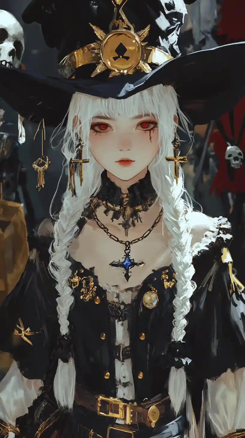Witch girl in black and gold hat with enchanted book