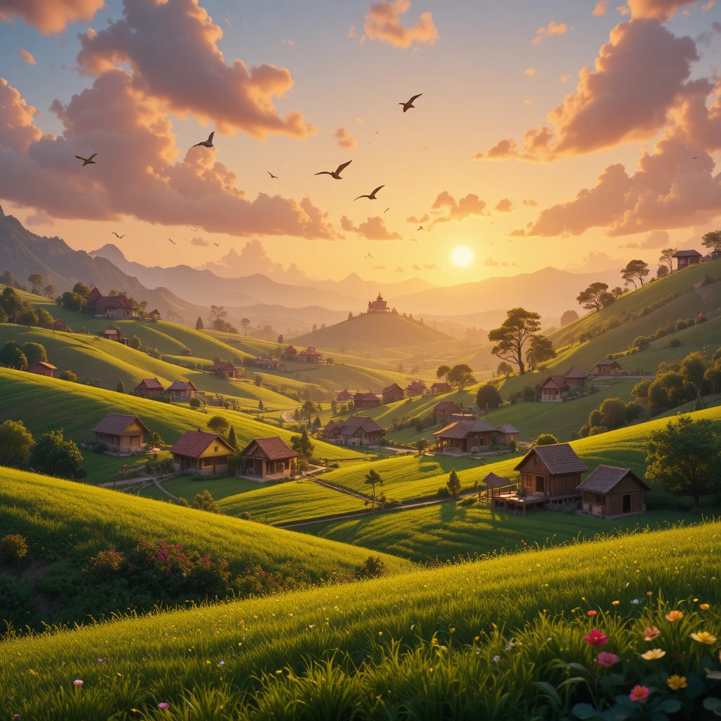 Peaceful Indian village sunrise with fields and birds