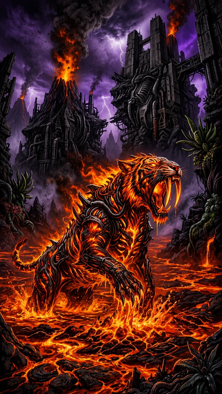 Glowing Saber Toothed Tiger Rising From Molten Lava Sea