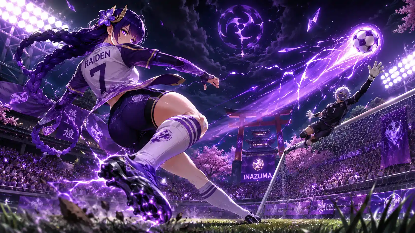 Anime striker unleashes electric shot in night stadium