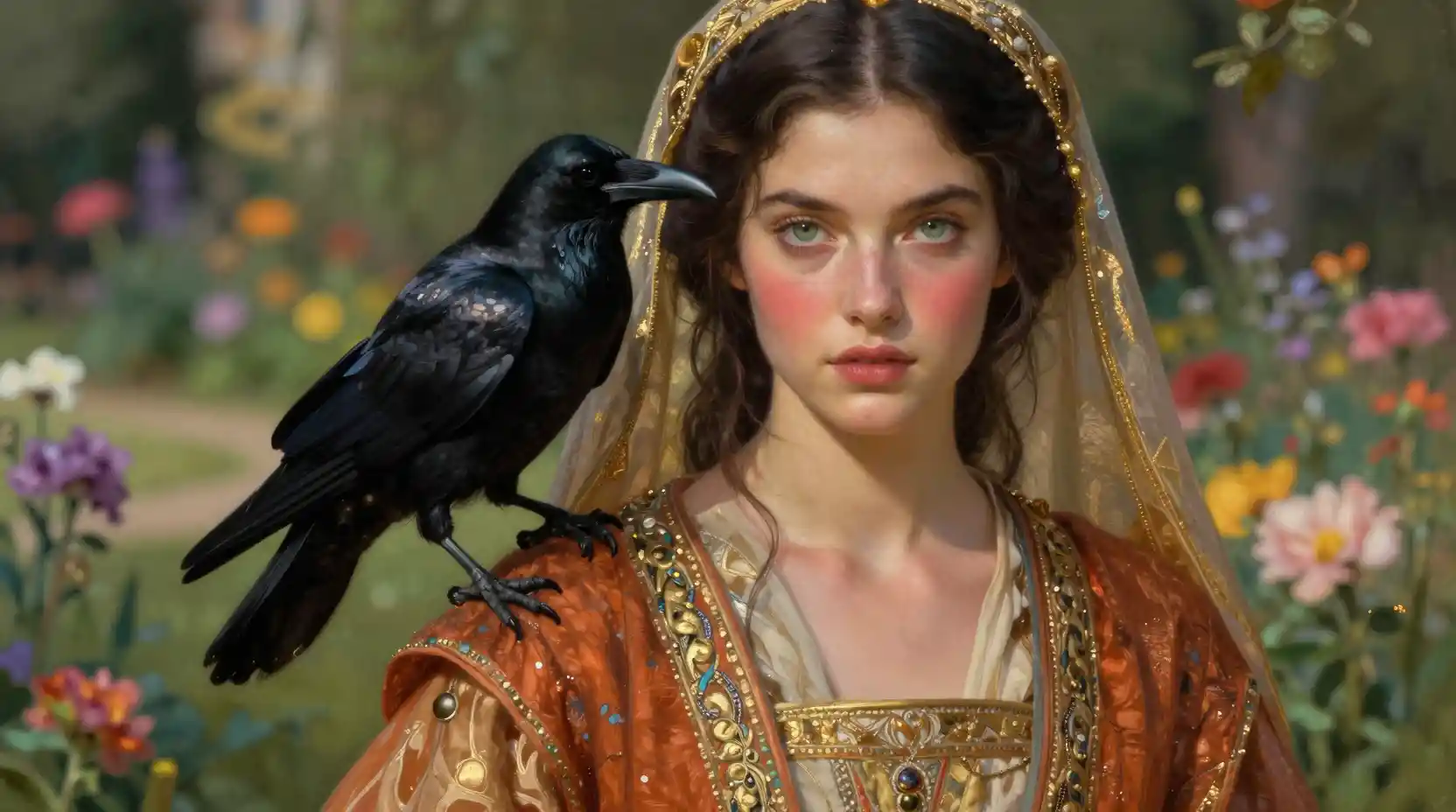Fantasy woman with raven in a luminous flower garden