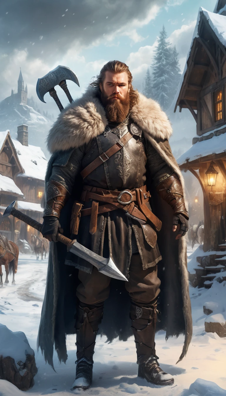 Bearded warrior with axe in snowy medieval village