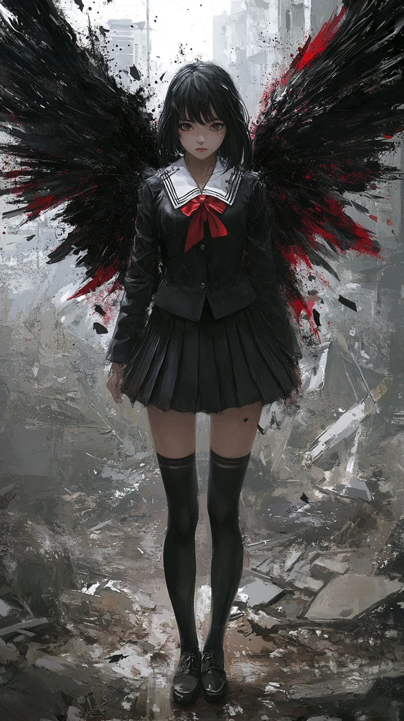 Anime schoolgirl with bloodlike wings in ruined city