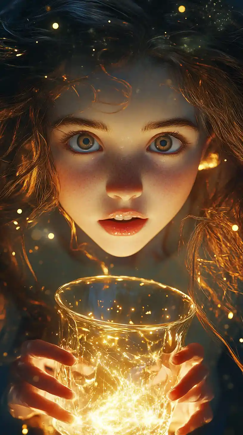 Girl holding glowing fireflies jar in dark forest