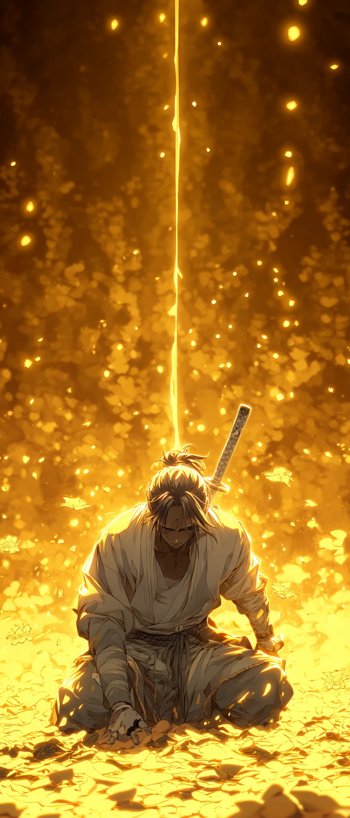 Anime warrior kneeling to surrender his sword for peace