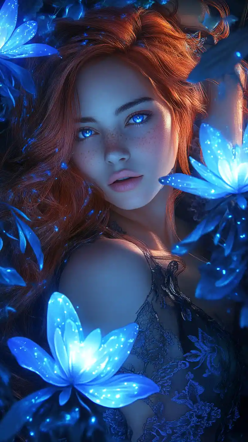 Enchanting blue eyed girl amid glowing ethereal flowers