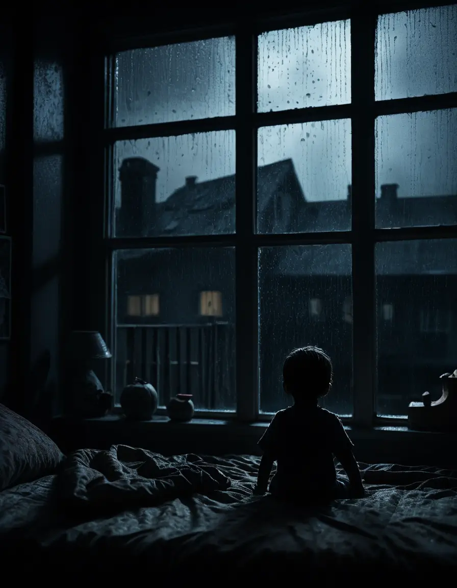 Child bedroom window with terrifying night silhouette outside