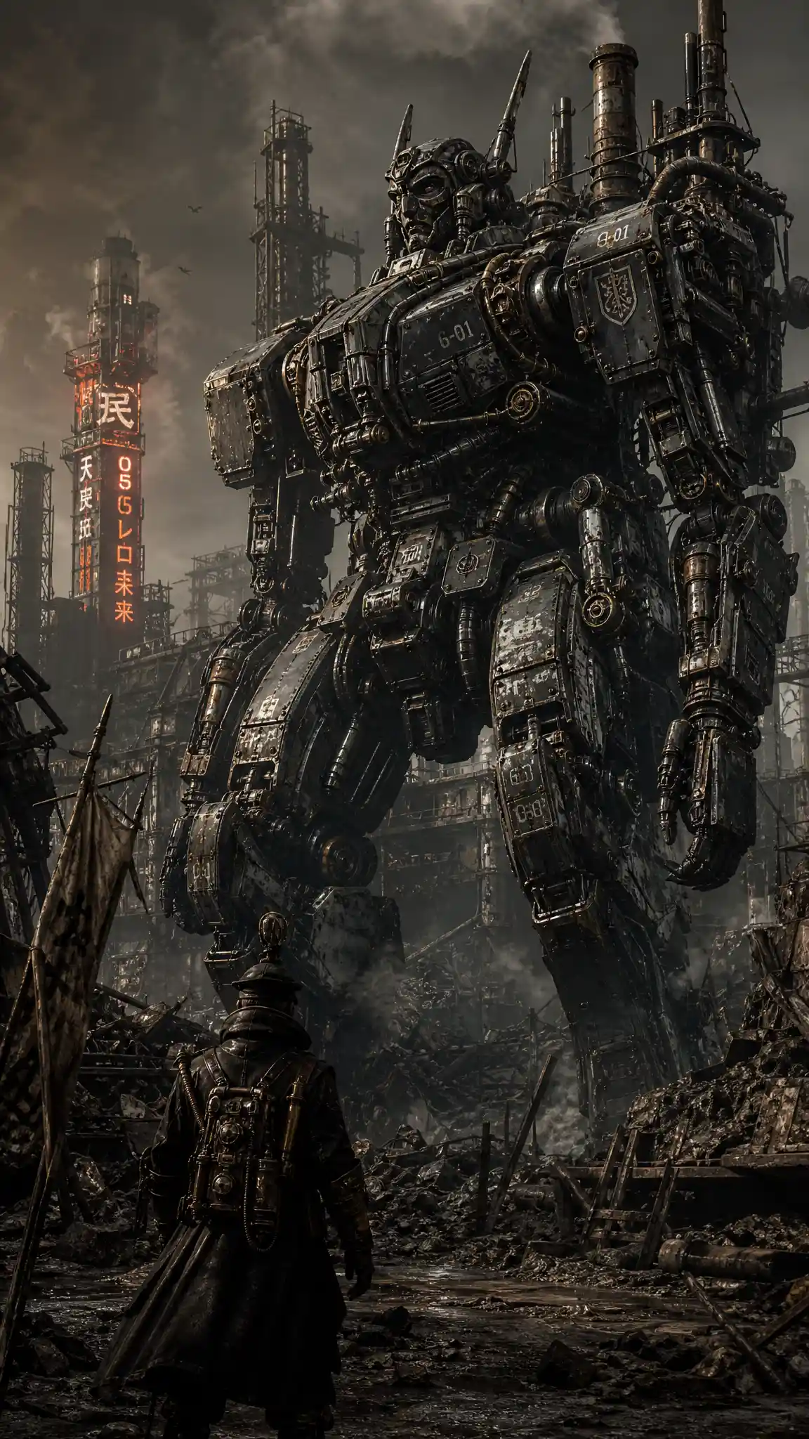 Massive diesel mecha in a dystopian steampunk cityscape