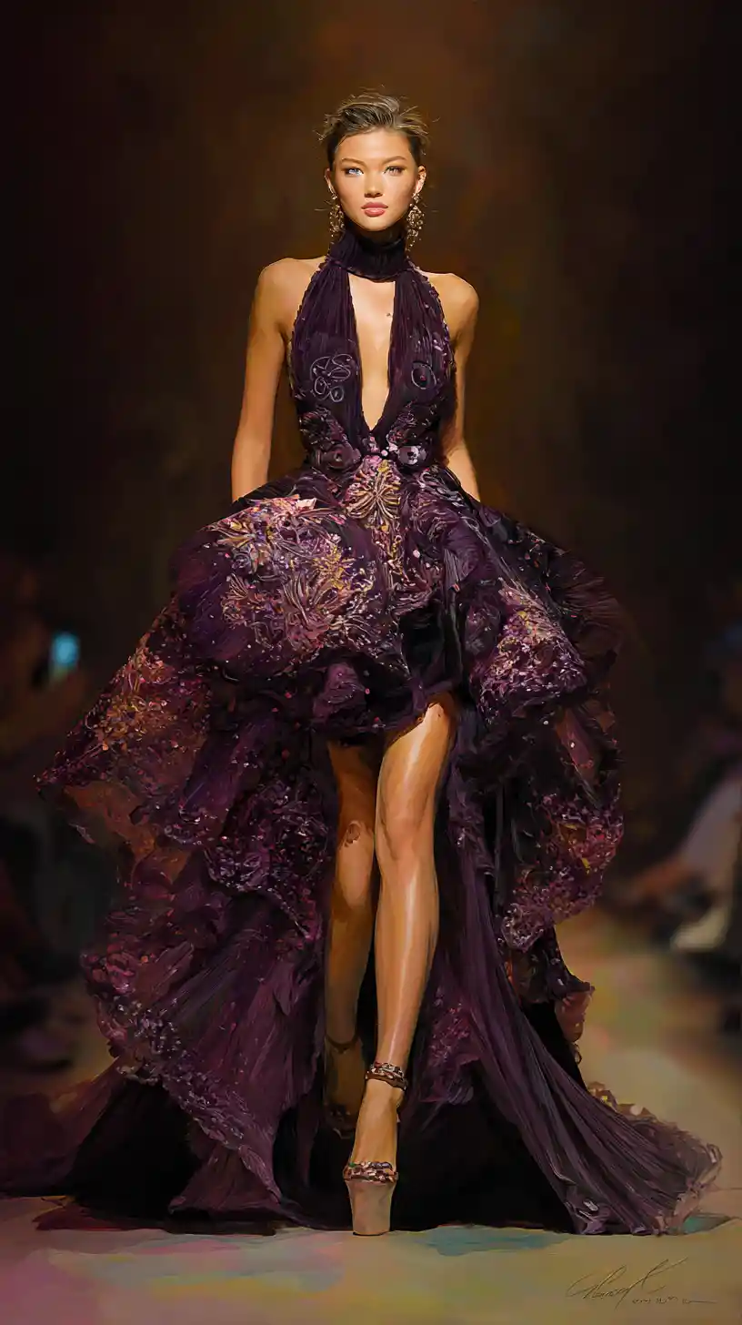 French supermodel in extravagant gown on Paris runway