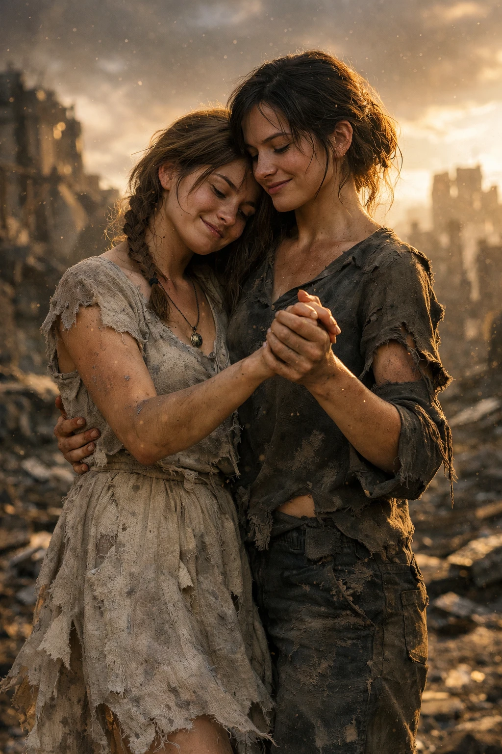 Two women waltzing barefoot in a ruined city at dusk