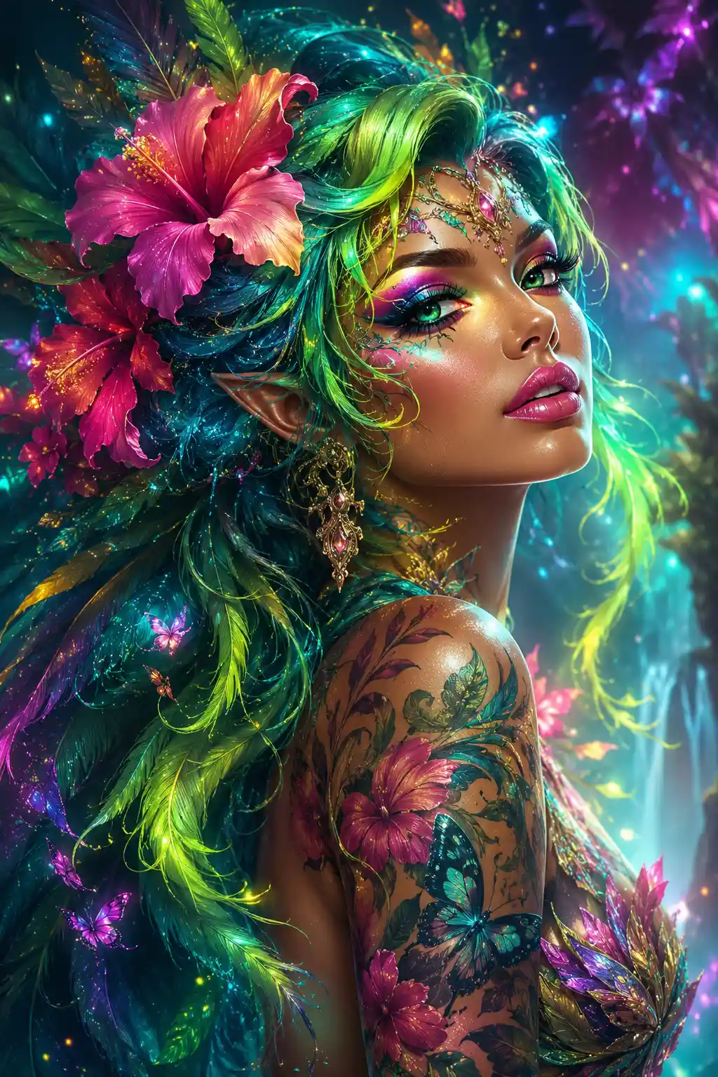 Neon fantasy woman with teal fairy hair and hibiscus flowers