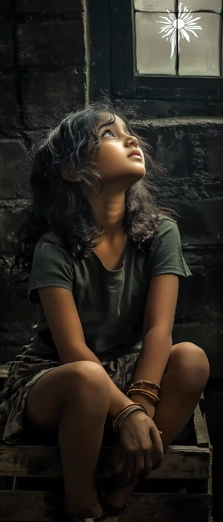 Thoughtful young girl sitting by a window in shadow