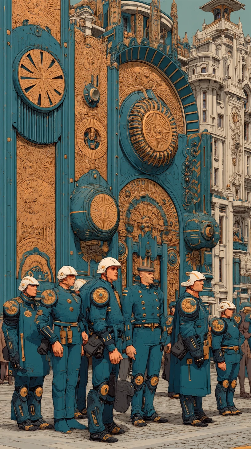 Cyberpunk guards in a symbolic golden palace interior