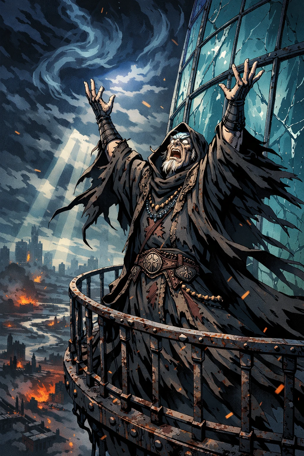 Ancient wizard casting a spell on a glass tower balcony