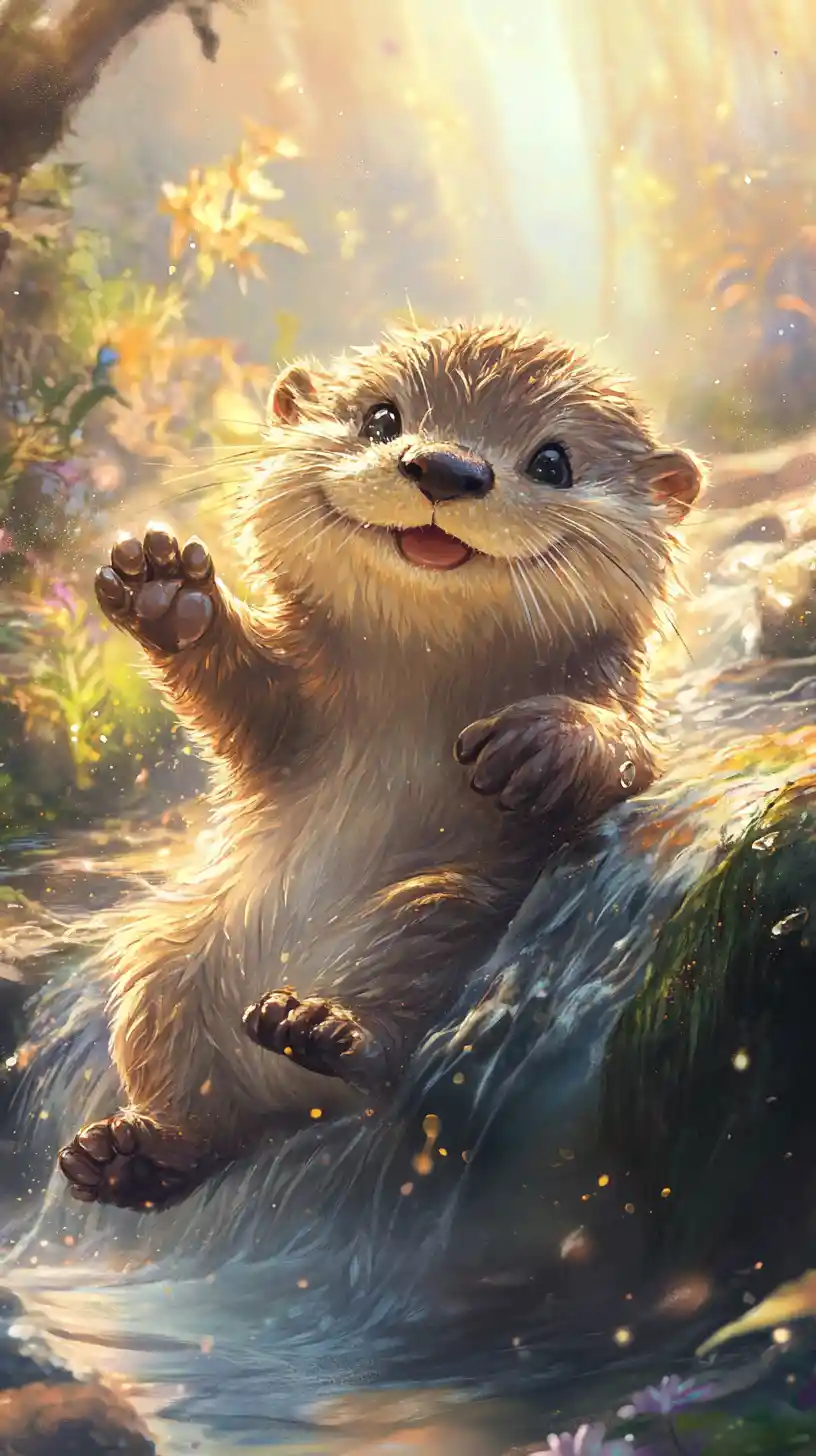 Baby otter sliding down a sparkling sunlit waterfall