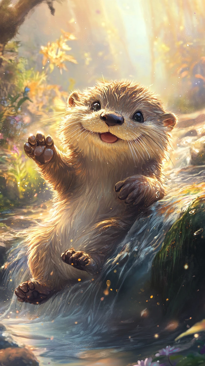Baby otter sliding down a sparkling sunlit waterfall