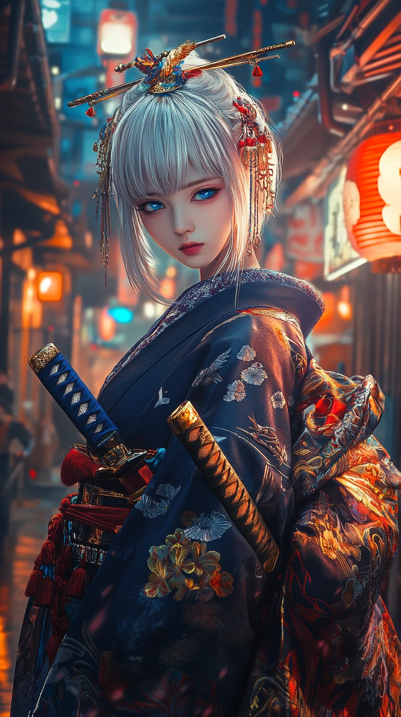 Silver haired swordswoman in kimono on neon lit street