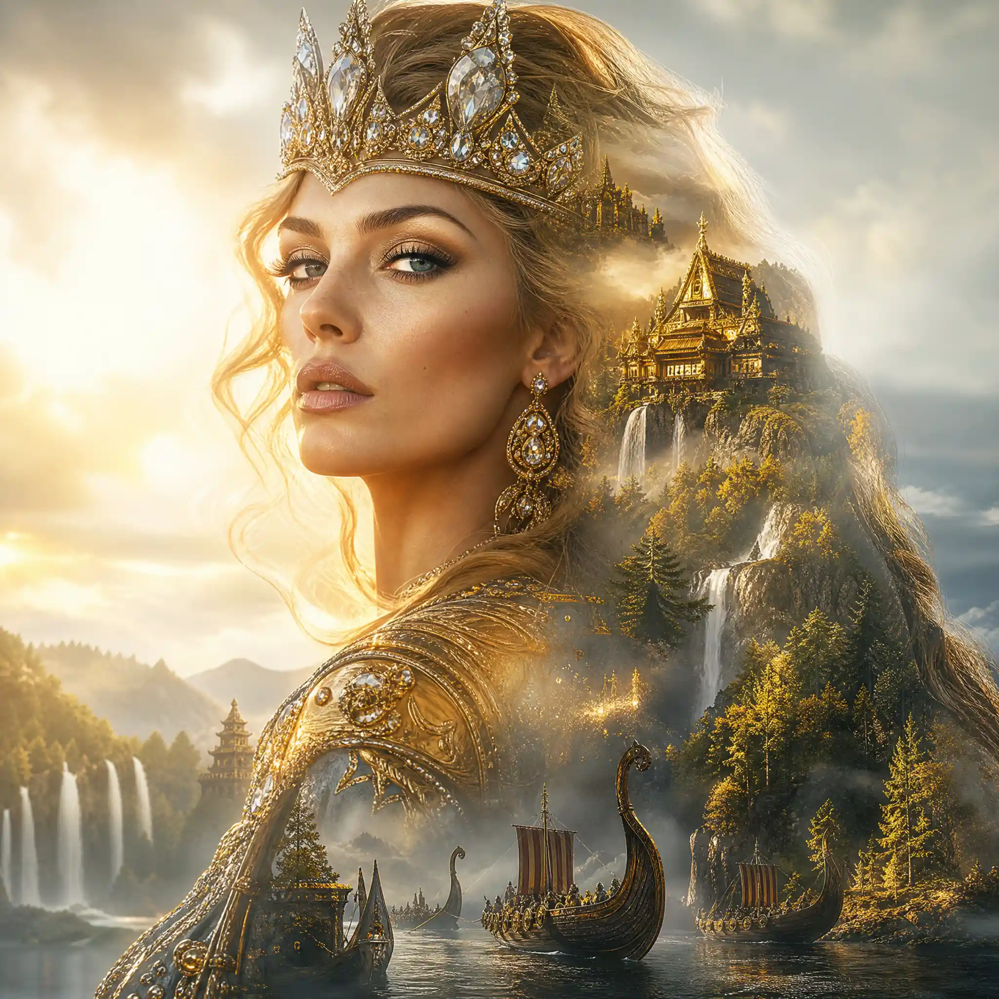 Golden haired viking empress in radiant armor portrait